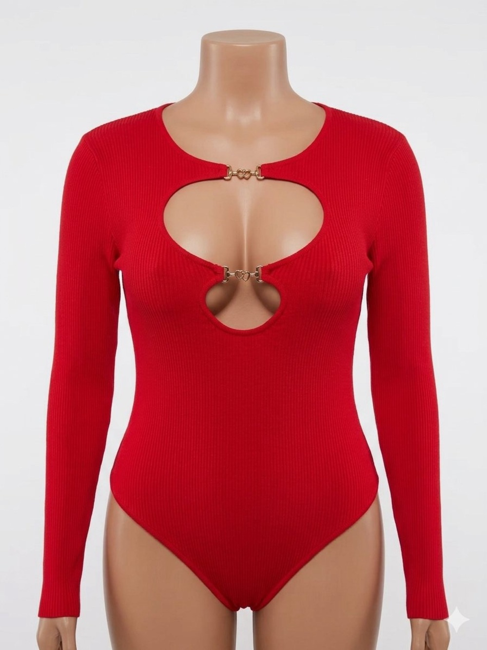 Fashion Nova Red Long-Sleeve Cutout Bodysuit with Gold Hardware